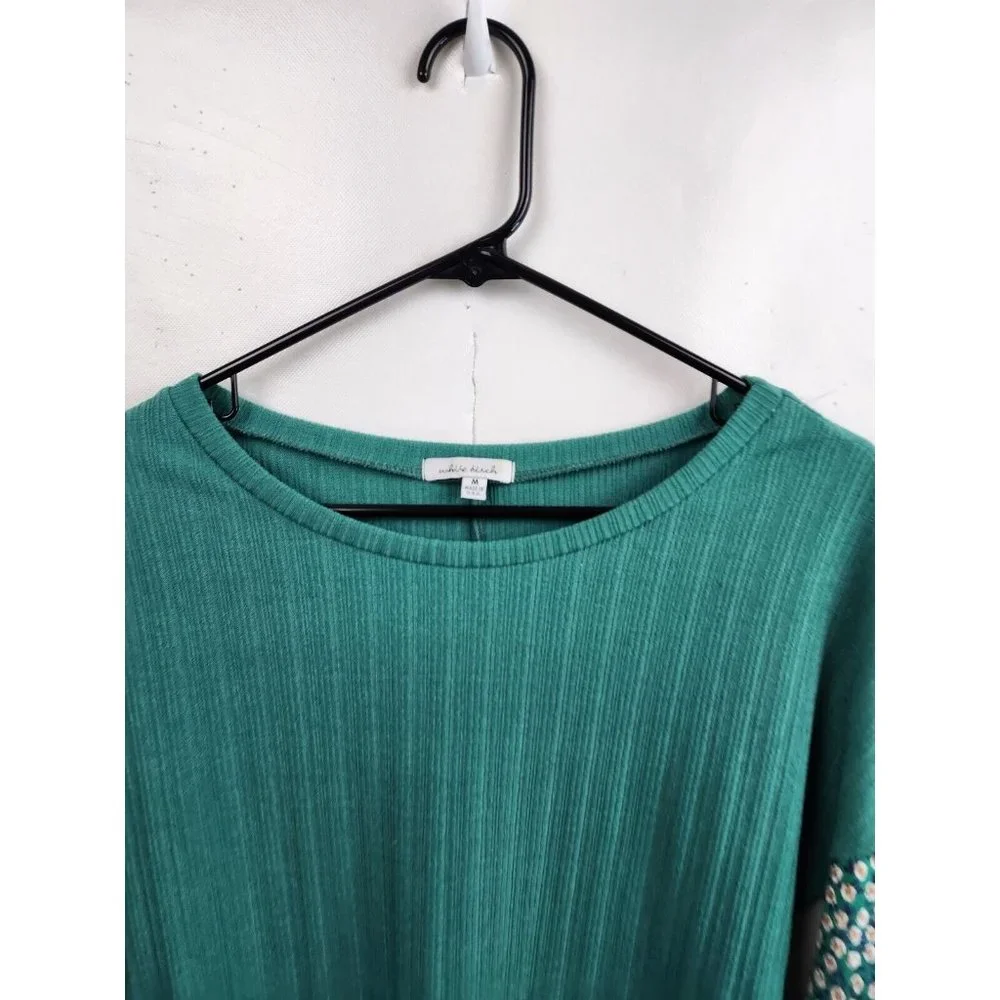 White Birch Green Floral Puff Sleeve Ribbed Knit BOHO Tunic Top Medium - Picture 2 of 8